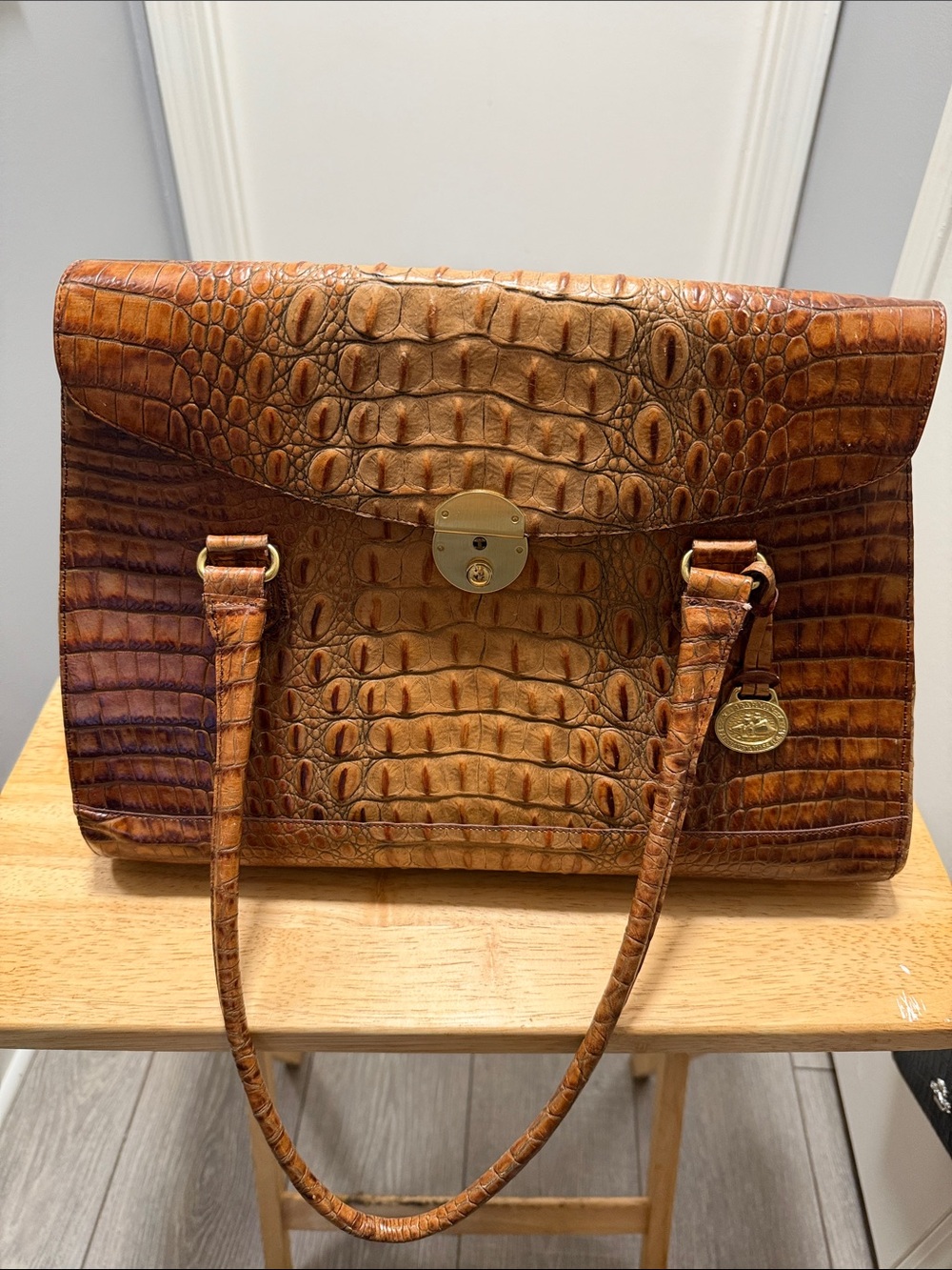 Brahmin Cognac Croc-Embossed Satchel with Gold Hardware